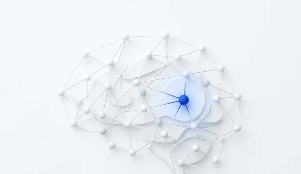 Network of connected nodes with a glowing blue centre representing AI search optimisation