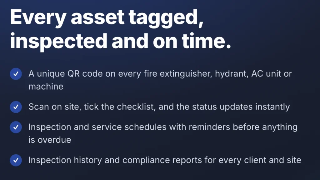 AsseTrack360 features: QR code on every fire extinguisher, hydrant, AC unit or machine, scan-and-tick inspections, service reminders and compliance reports