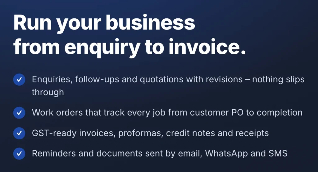 Bizz360 business management software: enquiries, quotations, work orders and GST invoices