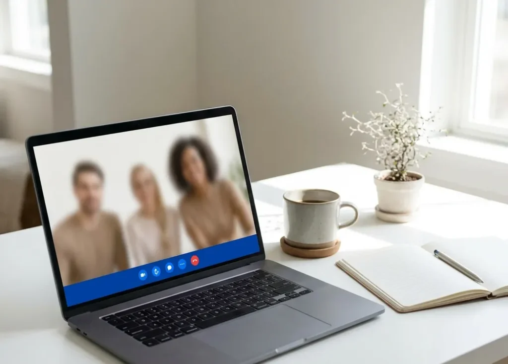 Laptop showing a video consultation call on a white desk