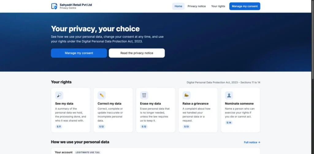 ComAct360 Privacy Centre where customers manage consent, read the notice and use their DPDP rights to access, correct, erase, complain and nominate (sample data)