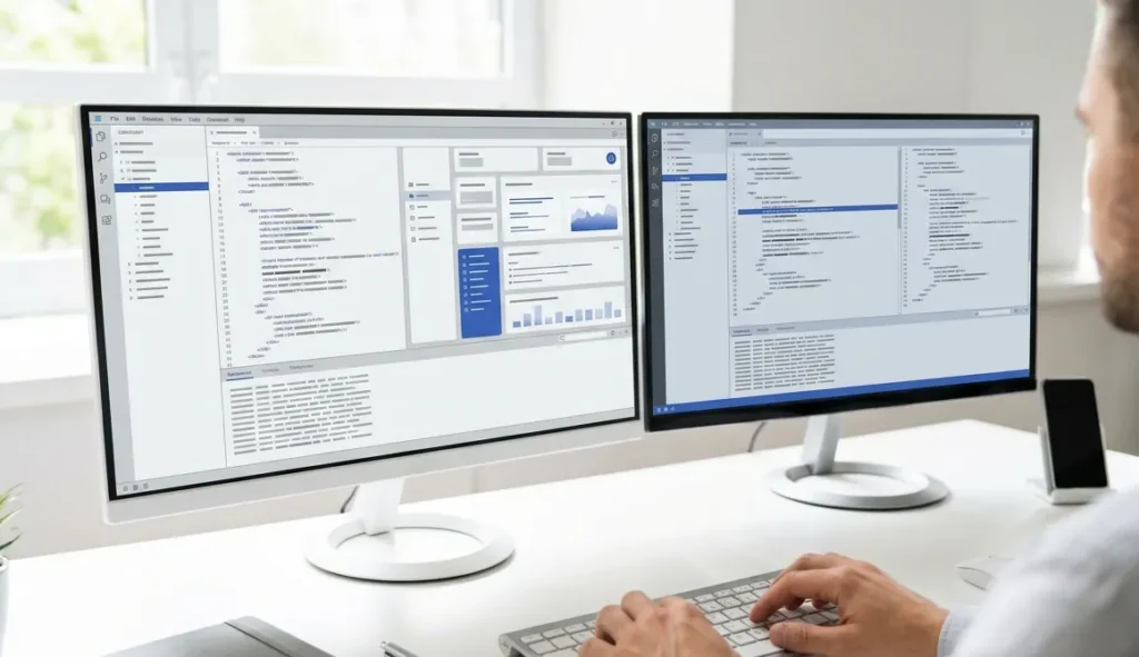 Developer working on custom business software across two monitors