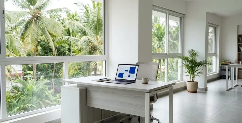 Bright modern office with a laptop and views of palm trees in Goa