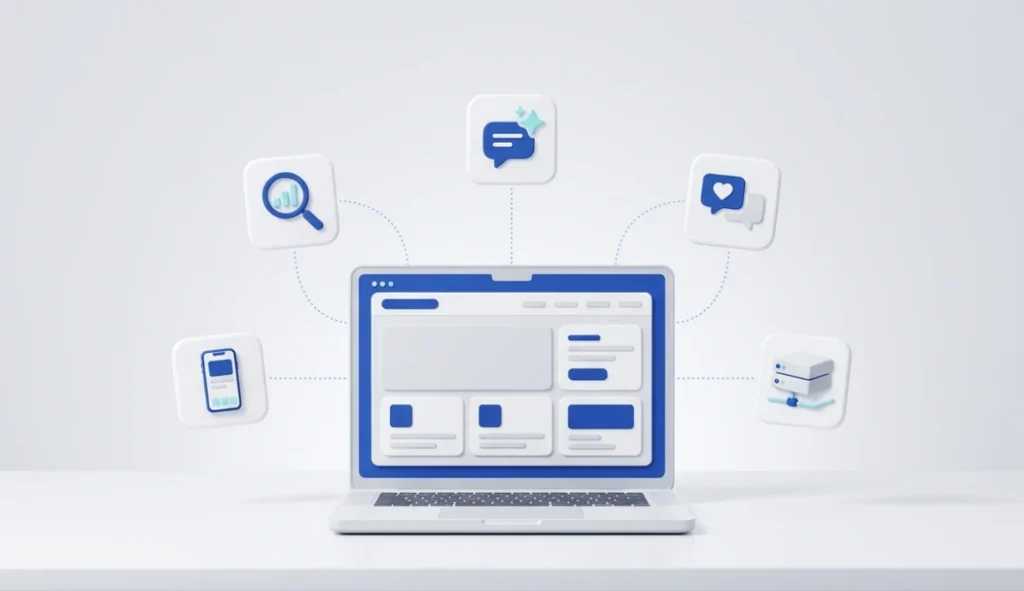 Laptop showing a website, connected to icons for mobile apps, SEO, AI search, social media and IT infrastructure