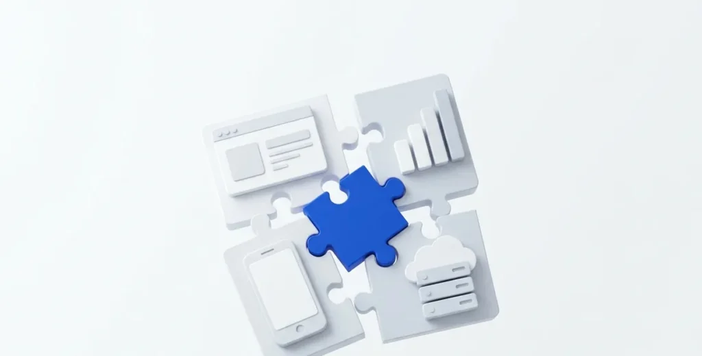 Puzzle pieces for website, mobile, analytics and servers joining together