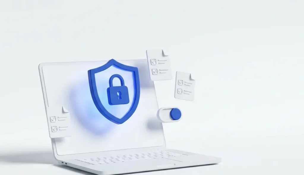 Laptop with a blue shield and padlock and consent checkboxes representing DPDP Act compliance