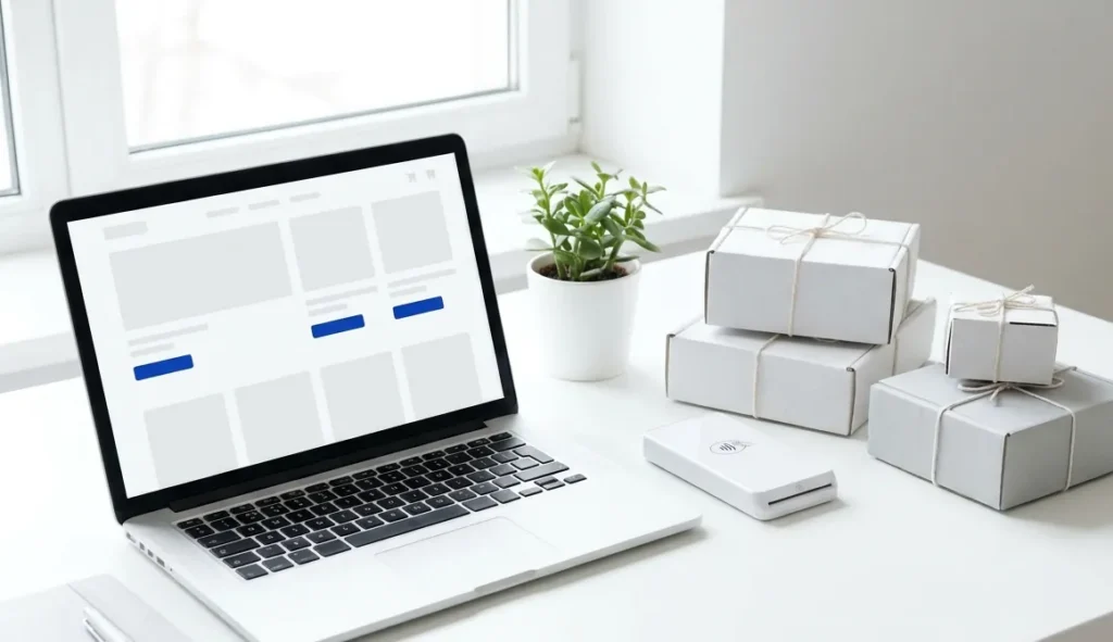 Laptop showing an online store next to packed parcels and a card reader