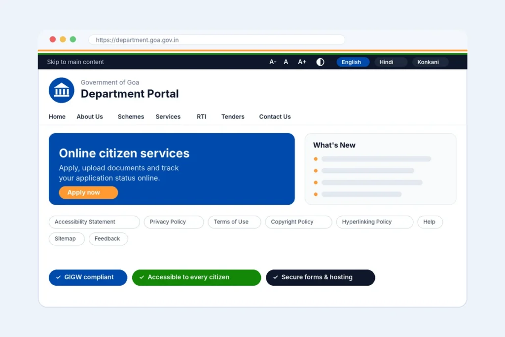 GIGW-compliant government department website with accessibility tools and English, Hindi and Konkani language options
