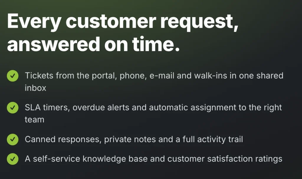 Helpdesk360 helpdesk ticketing software: shared inbox, SLA timers, canned responses, knowledge base and satisfaction ratings