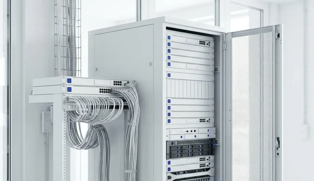 Server rack and network switch with organised cables