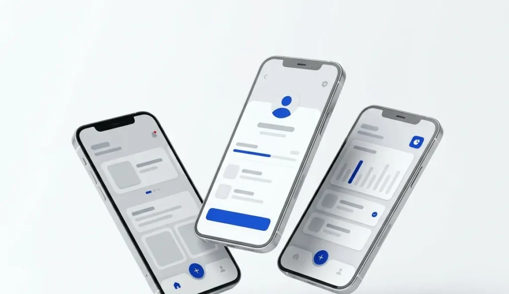 Three smartphones showing mobile app screens