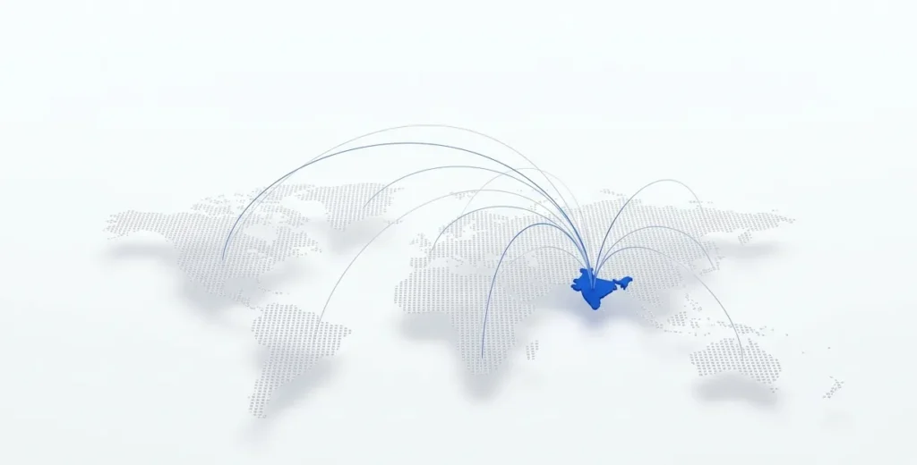 World map with India highlighted and lines connecting to other countries