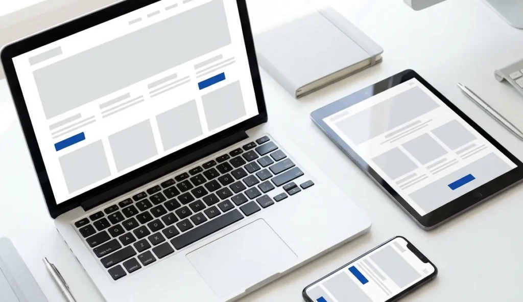 Laptop, tablet and smartphone showing the same responsive website layout