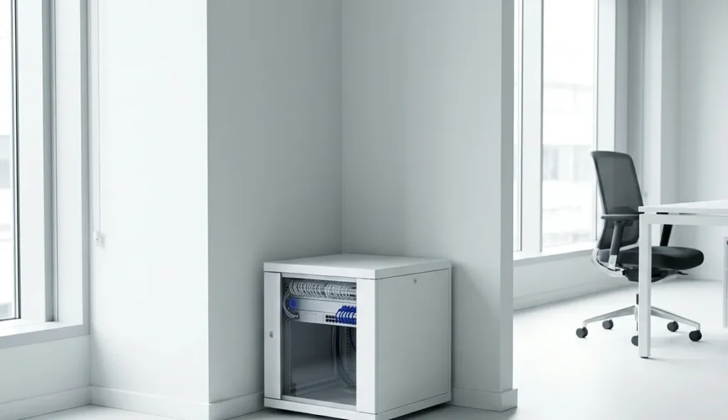 Office network cabinet with organised cables in a bright office