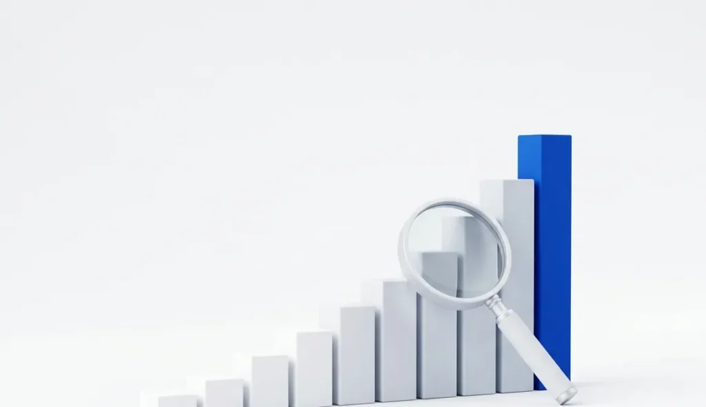 Rising bar chart with a magnifying glass representing SEO growth