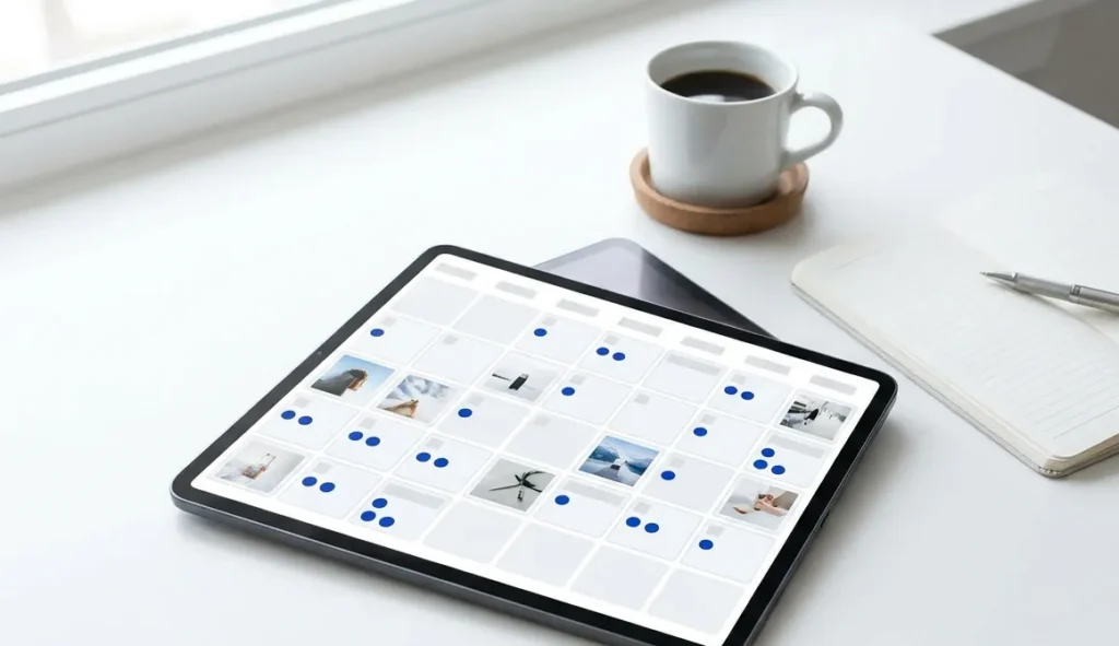 Tablet showing a monthly social media content calendar