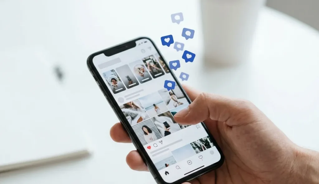 Smartphone showing a social media feed with likes and comments