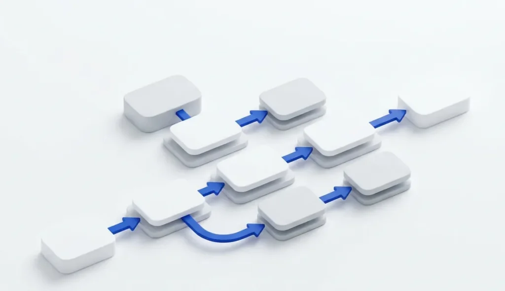 Flowchart of connected blocks showing a step-by-step development process