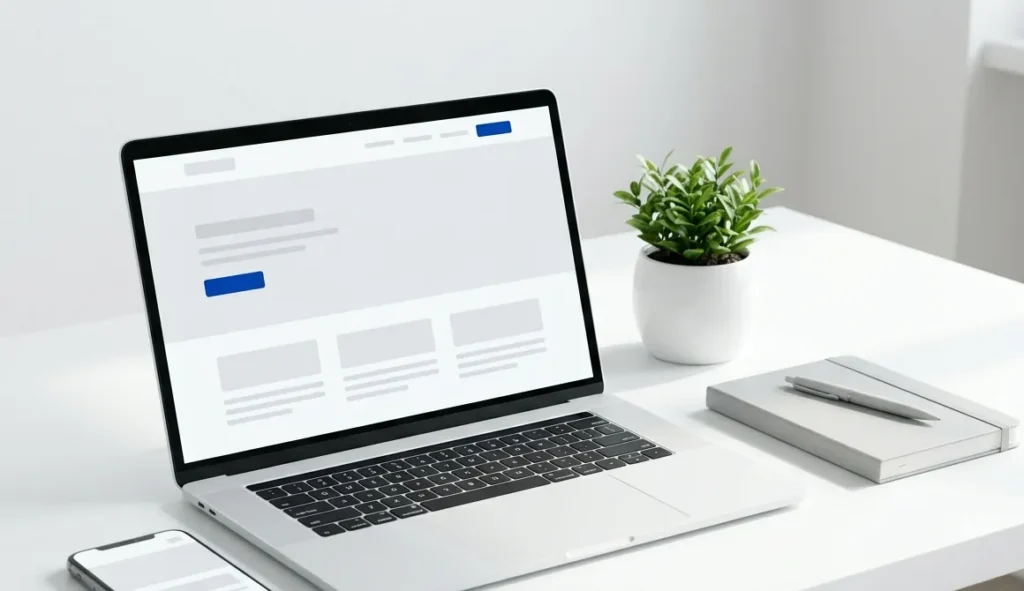 Laptop and smartphone showing a modern website on a white desk