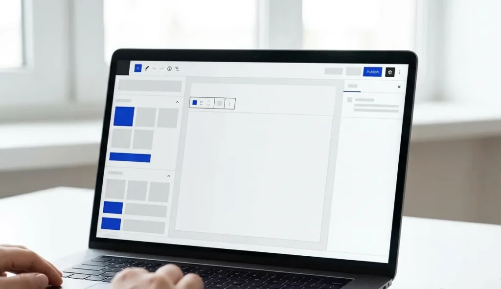 Laptop showing a WordPress block editor with a publish button