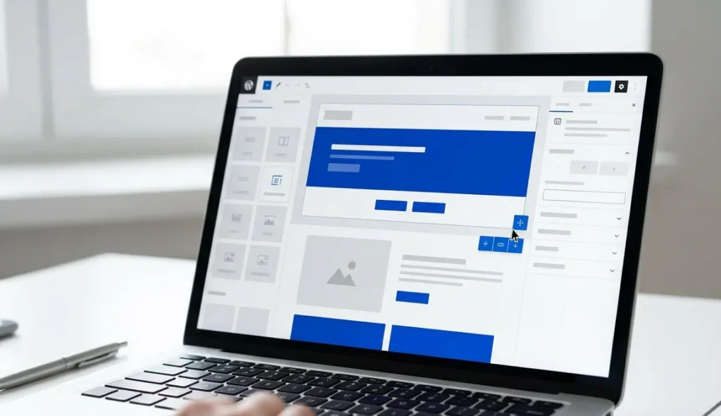 Laptop showing a drag-and-drop WordPress page builder